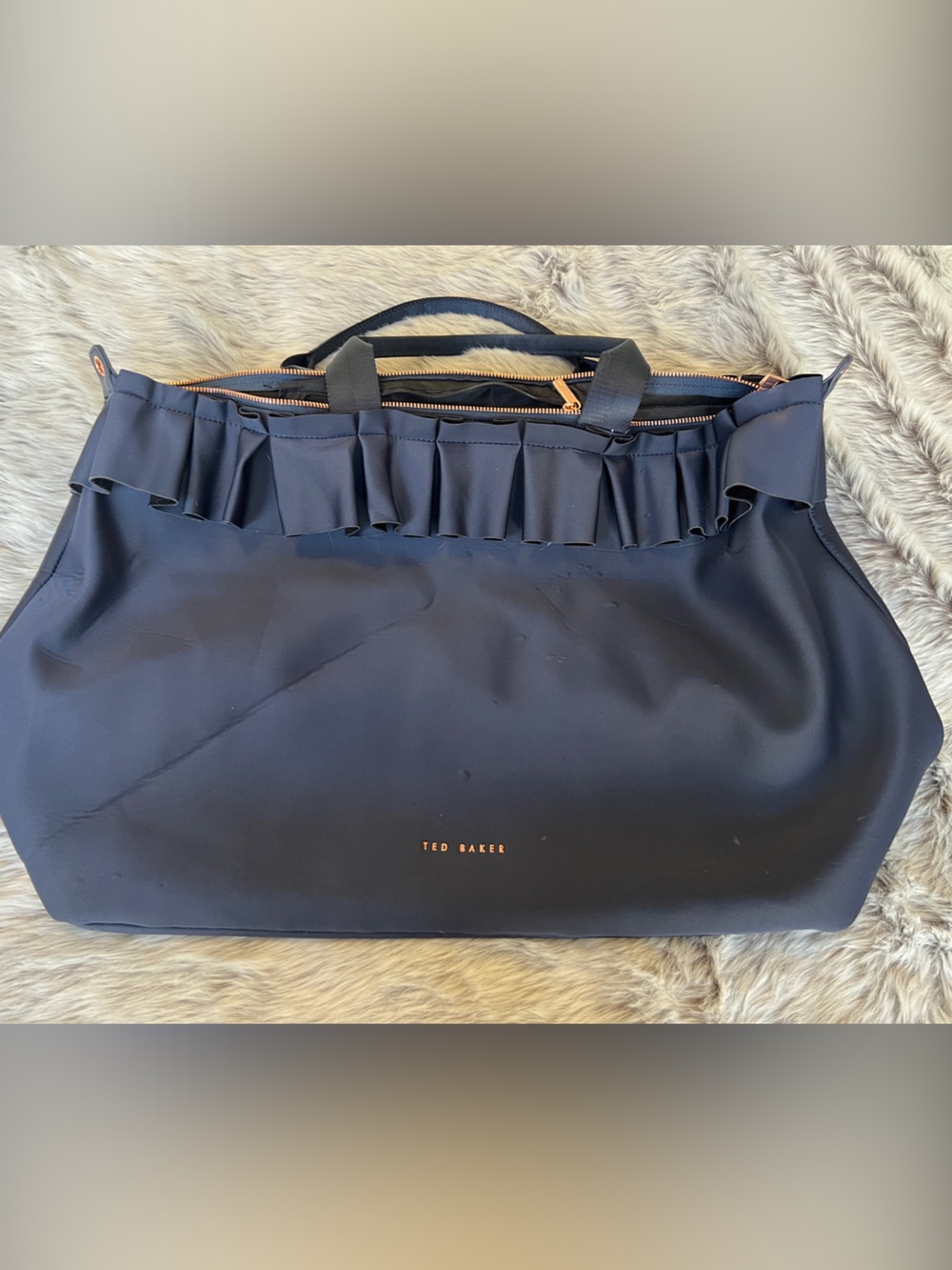 Ted Baker Navy Ruffle-Trim Tote with Gold Hardware